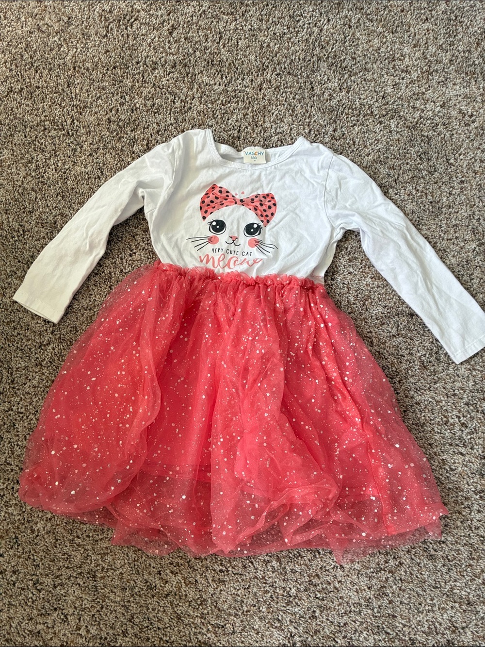 White Long-Sleeve Cat Tulle Dress with Pink Skirt